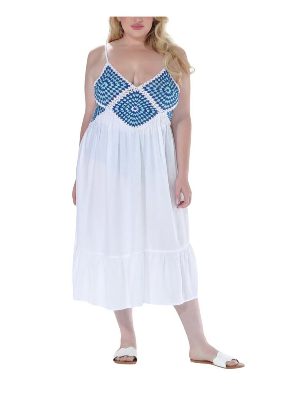 NWT Raviya Crochet Flounce-Hem Cover-Up Dress 76613X White / Blue 0X